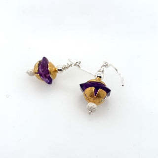"Amethyst gold plated flower drop earrings" available at Artifex 
