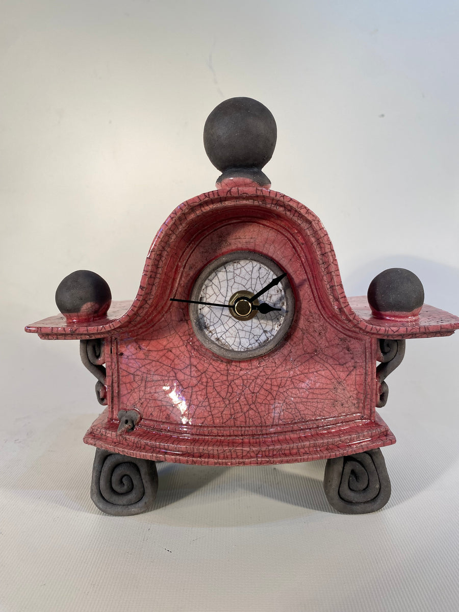 Small Wide Pink Raku Mantle Clock