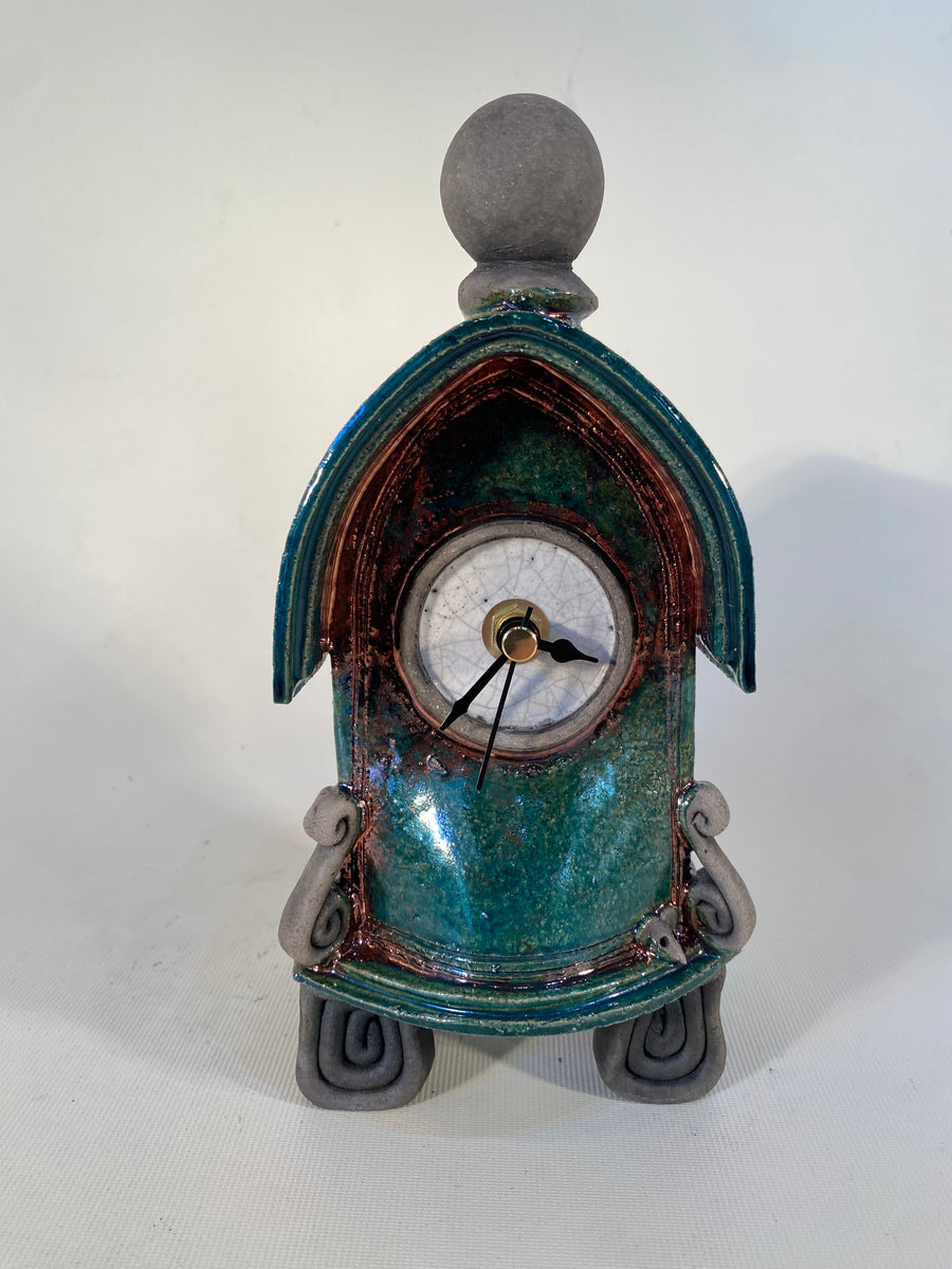Small Teal & Copper Raku Mantle Clock