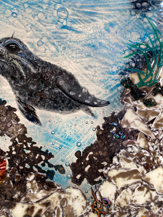 " Seal in Coral Garden" Fused Glass Panel