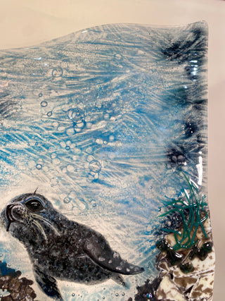 " Seal in Coral Garden" Fused Glass Panel