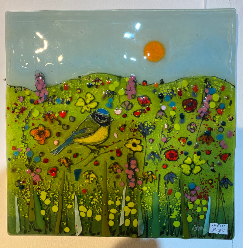 Wild Flowers & Blue Tit Glass Panel