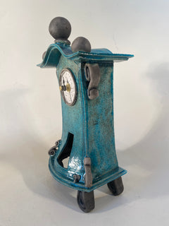Small Tall Turquoise Raku Mantle Clock