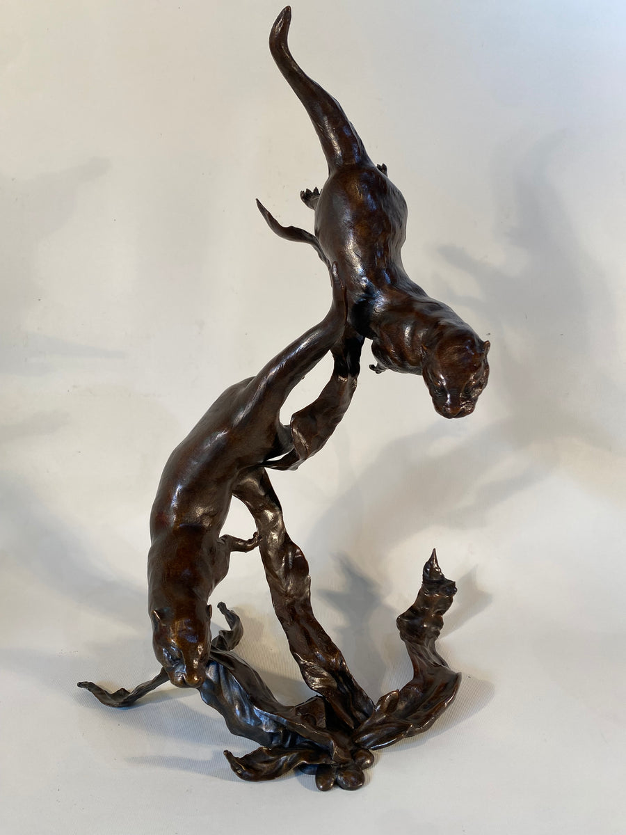 Large Bronze Otter Pair Playing