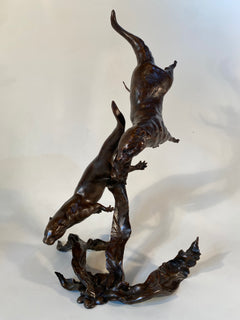 Large Bronze Otter Pair Playing