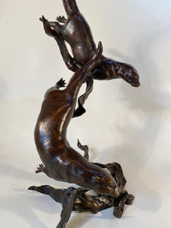 Large Bronze Otter Pair Playing
