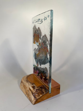 Fused Glass Landscape Panel on Yew Wood Base