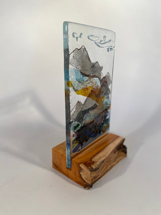 Fused Glass Landscape Panel on Yew Wood Base