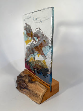 Fused Glass Landscape Panel on Yew Wood Base