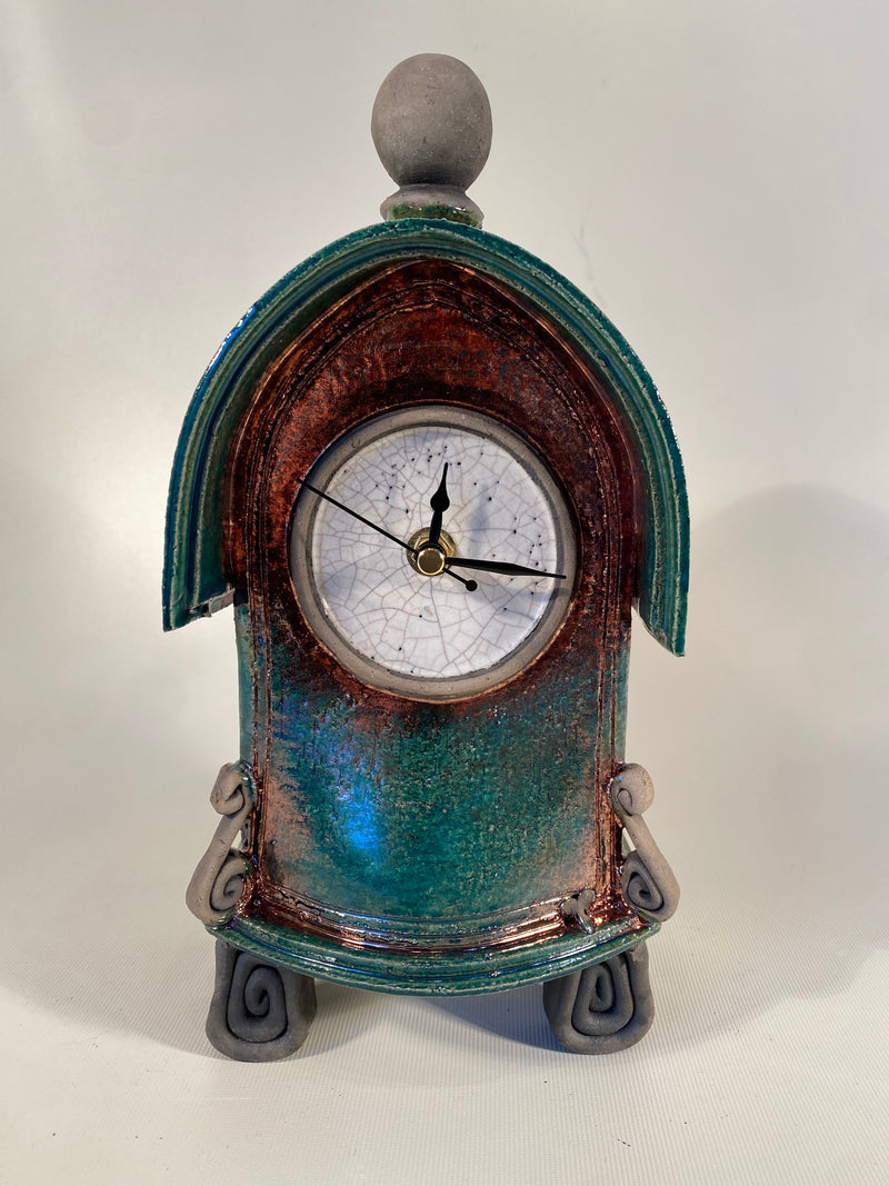 Large Green/copper Raku Clock