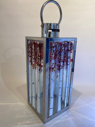 "Large Fused Glass Red Birch Lantern" available at Artifex 